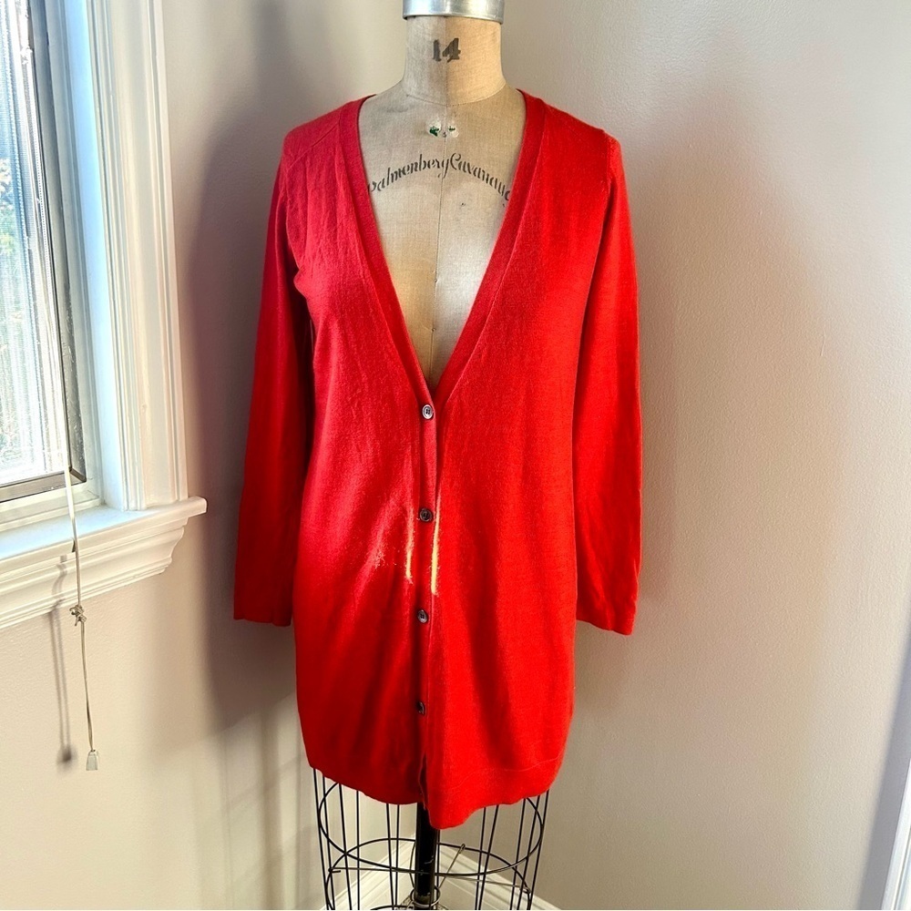 Eileen Fisher Wool Cardigan Sweater XS /S Long Tunic Button Up Womens Red Orange